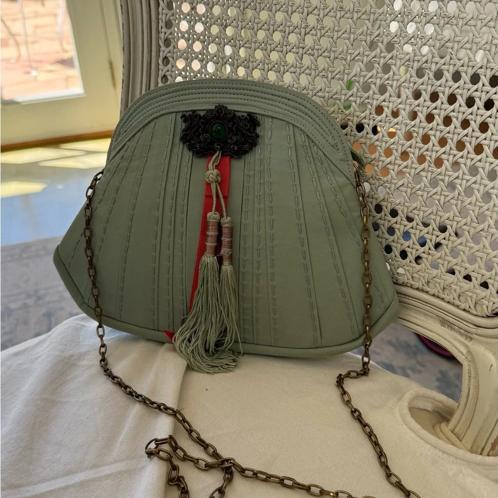 Sage Green Tassel Crossbody Bag with Antique Chain